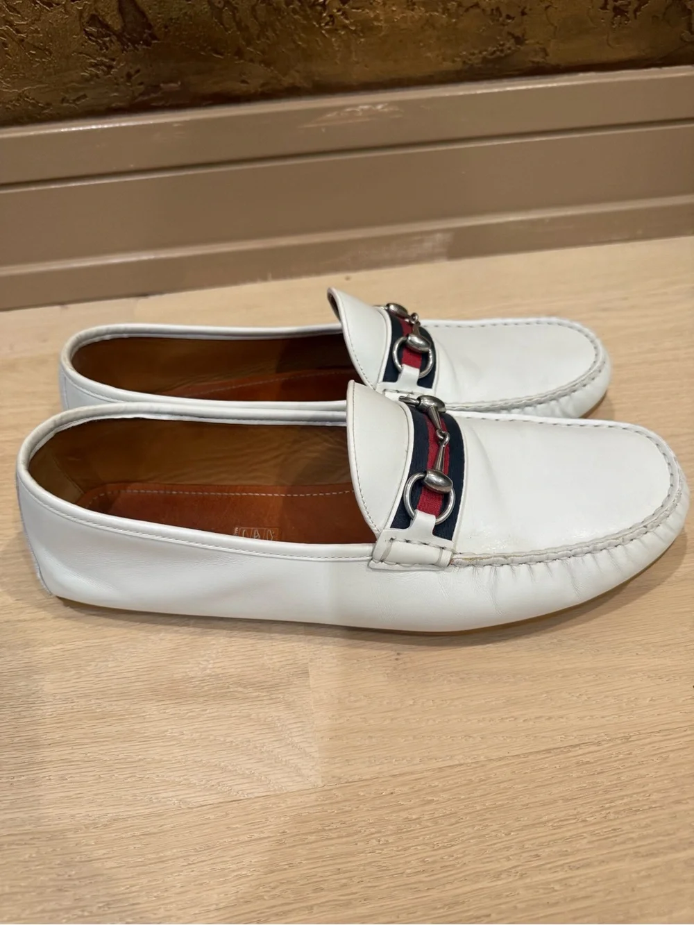 Gucci White Leather Loafers with Navy & Red Web and Silver Horsebit